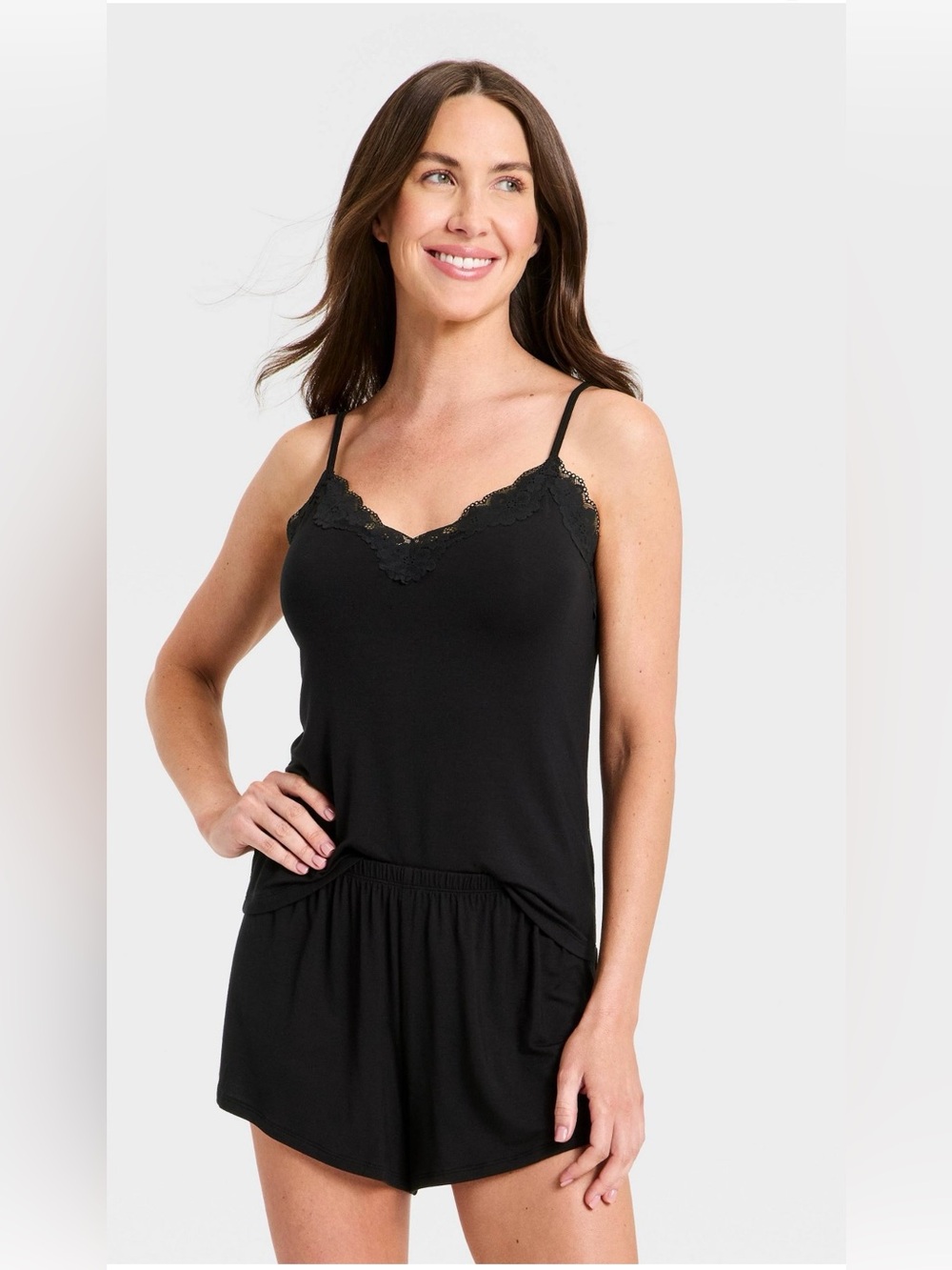 Women's Lace Trim Cloud Knit Tank Top and Shorts Pajama Set - Auden™ Black
XS